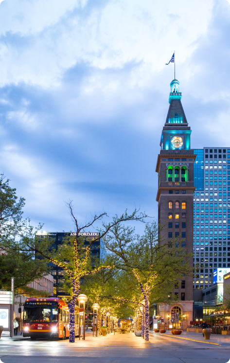Downtown Denver, Colorado showcasing historic architecture and city lights